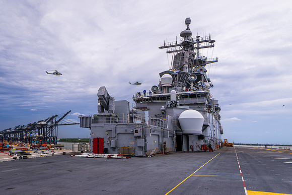 Huey & Super Cobra Flying Over USS Kearsarge (1 of 2)